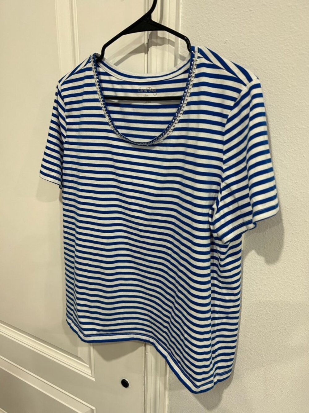 Coral Bay XL Blue White Striped Embellished Scoop Neck Tee Boho Chic Soft Girl - Picture 3 of 11